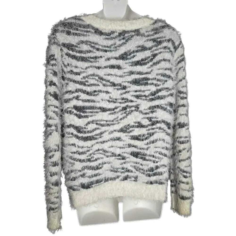 Mudd Zebra Fuzzy Eyelash Knit Pullover Sweater Size S 90s Crew Neck Long Sleeve